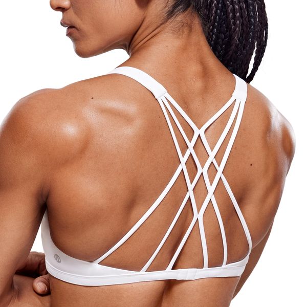 CRZ YOGA Women's Strappy Sports Bra - Criss Cross Back Padded Medium Support Wireless Bra Sexy Workout Yoga Bra White Small