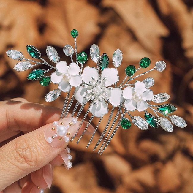 IYOU Blume Braut Haarkamm Grün Kristall Haarschmuck Strass Hochzeit Seiten Kamm Braut Brautjungfer Haarteil Kopfschmuck für Frauen