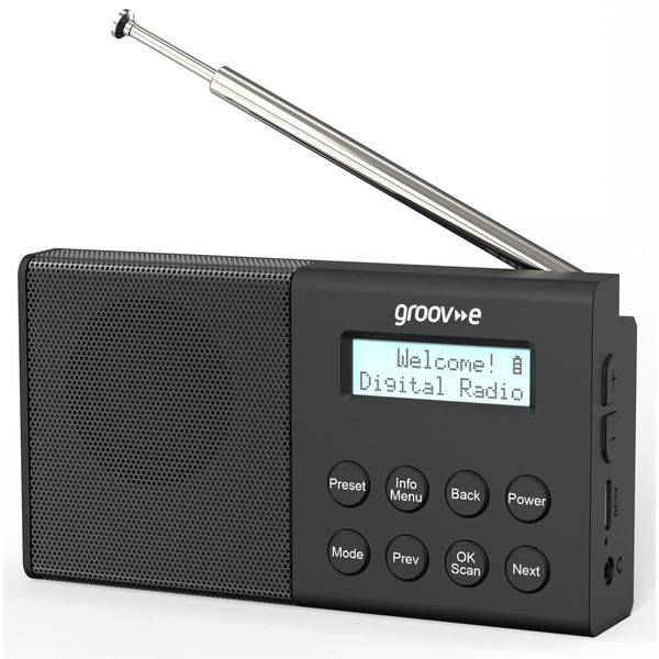 Groov-e Geneva Rechargeable DAB & FM Digital Radio - Built-In Alarm Clock & Bluetooth Connectivity - LCD Display - USB or Battery Operated - Portable Radio - 80 Preset Stations - Black