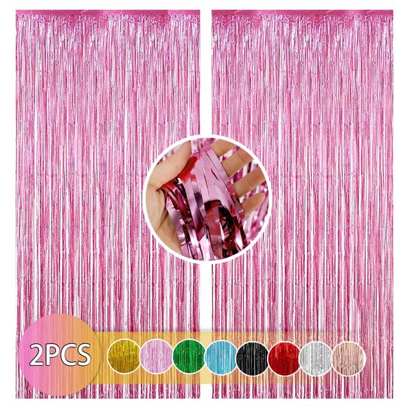 Pink Tinsel Curtain - Birthday Party Decorations Foil Fringe Streamers, 3ft X 8.2ft Metallic Tinsel Curtain Party Backdrop Foil Curtain for Birthday Christmas Wedding Holiday Decoration 2 PCS