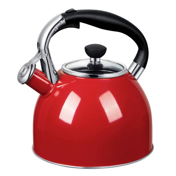 Rorence Whistling Tea Kettle: 2.5 Quart Stainless Steel Kettle with Capsule Bottom & Heat-resistant Glass Lid (Red)