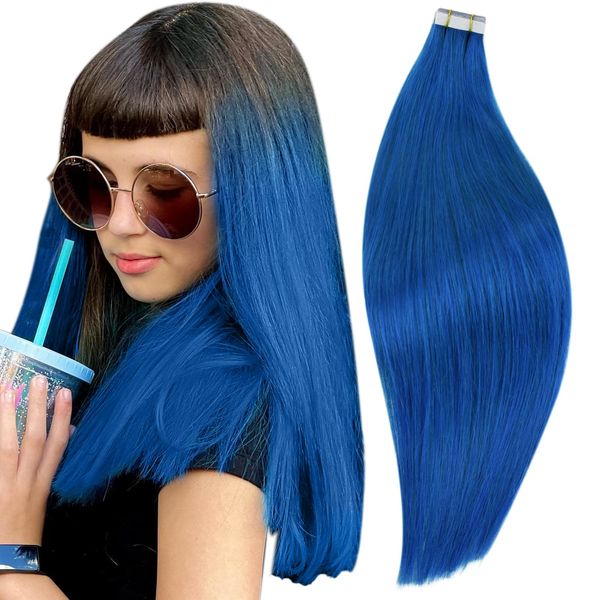 RUNATURE Colored Tape in Hair Extensions Human Hair Blue Invisible 18 Inch Skin Weft Tape ins Extensions Blue Human Hair Invisible Glue in Hair Extensions Blue Remy Hair Straight Full Ends 25g 10pcs