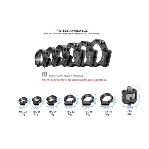 Leofoto TDC-25 + CF-9 35mm Clasp/Collar + 3/8" Screw Stud. Accessory Mount/Port for Tripod Leg