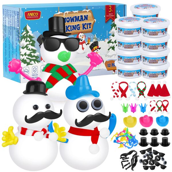 Aneco 12 Pack Christmas Build Snowman Modeling Clay Christmas DIY Craft Kit Air Dry Snowman Decorating Kit Winter Snowman Gift Toys for Christmas Holiday Decorations