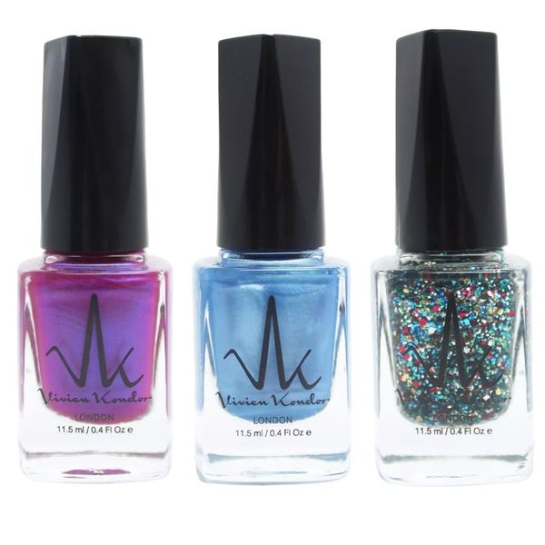 Set of 3 Classic Nail Polish Quick Drying Nail Varnish Long lasting No UV Need Vegan Nail Polish (Violet + Neon Blue + Hexagon Glitter, Trio)