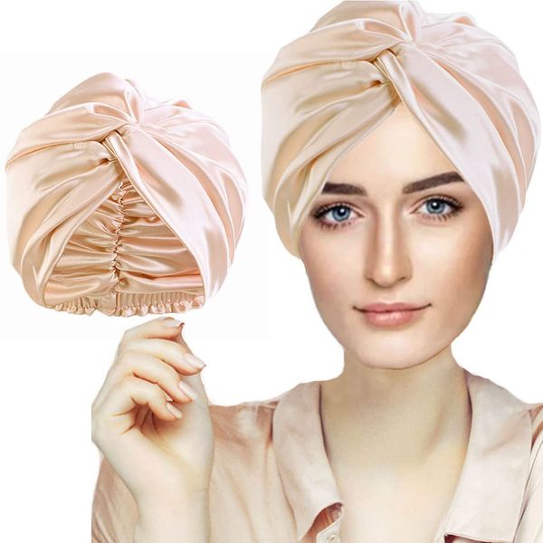 Silk Hair Bonnet Hair Wrap for Sleeping, Imitation Silk Bonnet Sleep Night Cap for Women Hair Care, Double Layer Soft Silky Head Scarf Match Strong Elastic Band Apply to Washing, Makeup, Sport