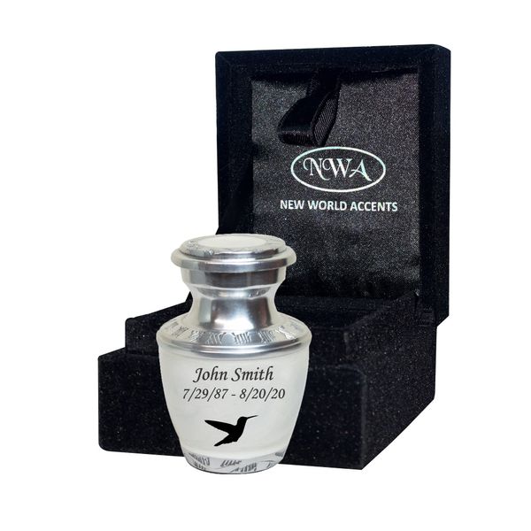 White Small Keepsake Cremation Urn, Token Urns with Bag and Multiple Designs (Hummingbird)