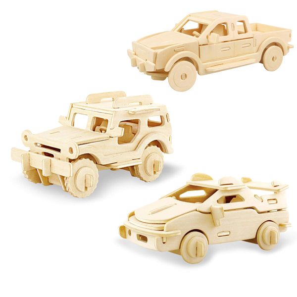 Georgie Porgy 3D Wooden Puzzles for Kids Toys Construction Woodcraft Kits DIY Model Puzzle Kits Birthday Gifts Pack of 3 (Sports Cars Off-Road Vehicle Pickup)