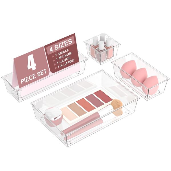 Vizgifin Drawer Organiser Set, 4 Sizes Versatile Drawer Divider Organisers Trays for Cosmetics, Jewelry, Dressers, Bathrooms, Kitchen Utensils and Office Desks