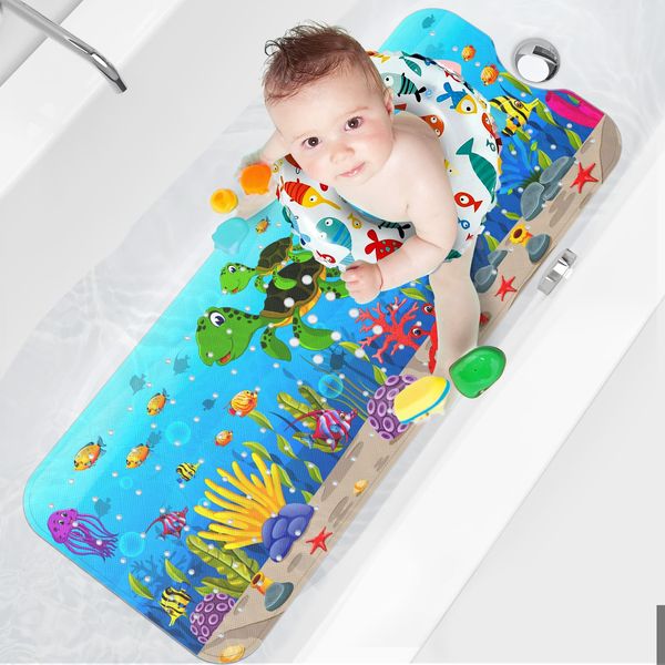 XIYUNTE Baby Bath Mat for Tub for Kids, 40 X 16 Inch Extra Long Kids Bathtub Mat Non Slip, Cartoon Patterned Bath Tub Shower Mat Anti Slip with Suction Cups & Drain Holes, Machine Washable, Sea Turtle