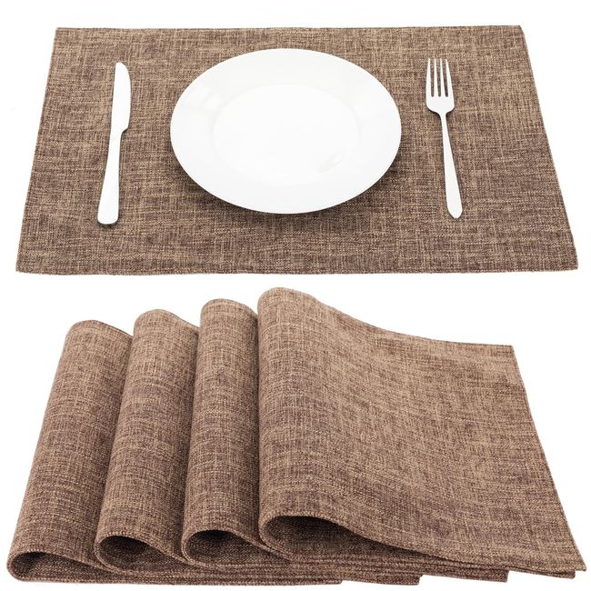 Senteria Placemats Cloth Cotton Linen Mat Double Layer Fabric Sewn Solid Color Japanese Style Flexible Insulation Anti-Slip Easy Care Machine Washable Kitchen Home Restaurant Set of 4 (Brown)