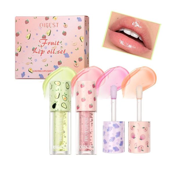 4 Pcs Hydrating Lip Oil Set, Fruit-Flavored Plumping Lip Gloss, Long Lasting Lip balm, lipstick Set For Girl And Women, Avocado, Strawberry, Grape, Peach flavours