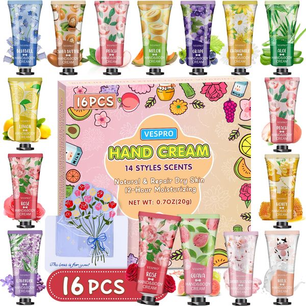 VESPRO 16 Pack Hand Cream Gifts Set For Women, Bulk Hand Lotion Travel Size for Dry Cracked Hands, Mini Hand Lotion for Birthday Gifts and Mother's Day Gifts with a Greeting Card