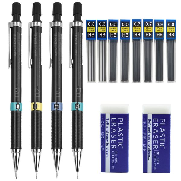 14 Stück Druckbleistift Set, 0,3/0,5/0,7/0.9 Mechanical Pencil Minenbleistifte Kinder Fallminenstift Metall Automatische Bleistifte Mit 8 Bleistiftminen HB 2 Radiergummi Für Schreiben Zeichnen