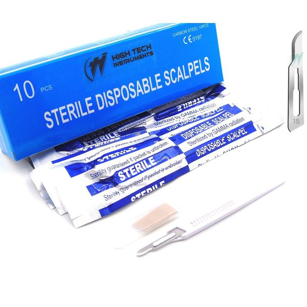 10 Disposable Scalpel #15, Sterile, Plastic Handle Graduated