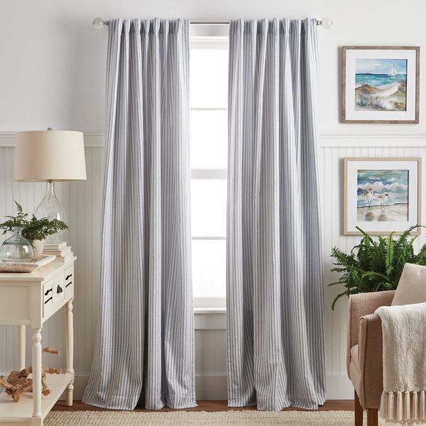 Martha Stewart Ticking Stripe Blackout Lining Rod Pocket/Back Tab Window Curtain Panel Pair, 95", White/Indigo