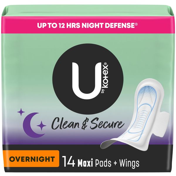 U by Kotex Maxi Pads with Wings, Clean & Secure, Overnight Absorbency, 14 Count (Packaging May Vary)