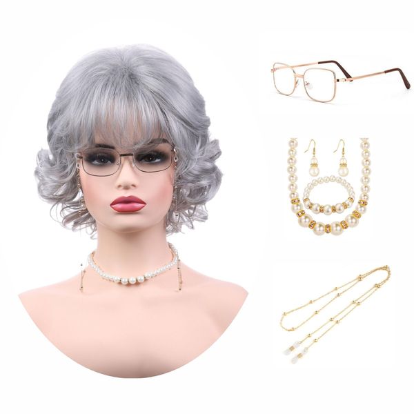 Deifor Old Lady Short Messy Curly Wig with Sunglasses & Glasses Chain and Necklace and Earrings and Barclet Sets for Women cosplay Daily Use Halloween Party(Silver White)