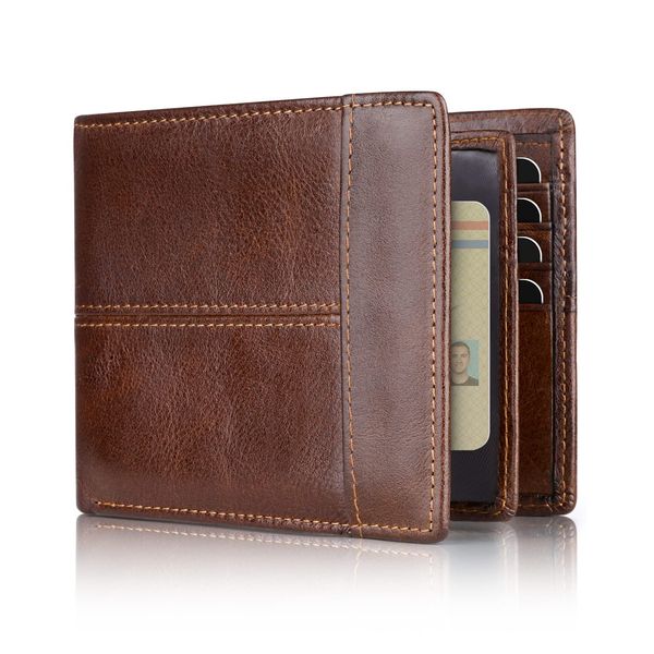 Swallowmall Mens Wallet RFID Genuine Leather Bifold Wallets For Men, ID Window 16 Card Holders Gift Box (Brown (No Zipper))