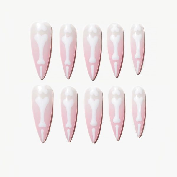 Sun&Beam Nails Handmade Nail Tip, Long, Almond, Stiletto False Nails, Pink, White, Luminous, Bone Fingers, Halloween Design, Stylish, False Nails, Pack of 10 (#127 S)