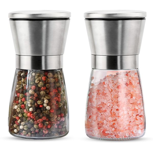 Salt and Pepper Grinder, 2Pcs Pepper Grinder Salt Shaker Stainless Steel and Glass Ceramic Grinder with Adjustable Coarseness, Manual Grinding Without Salt/Pepper