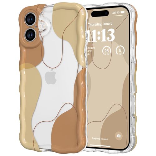DEFBSC for iPhone 16 Plus Case, Cute Clear Wavy Art Design Aesthetic Pattern Phone Case for Women Girls, Wave Frame Durable Protective Cover Full Camera Protection Bumper for iPhone 16 Plus, Brown