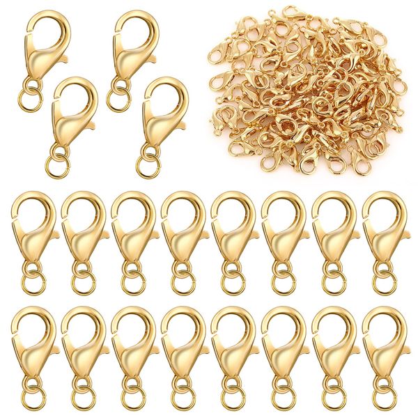 Grevosea 100pcs Curved Lobster Clasps, Alloy Lobster Clasp with 200 Open Jump Rings Gold Zinc Alloy Lobster Clasps Bracelet Clasps Necklace Clasps for Jewelry Making Accessory 7x12mm