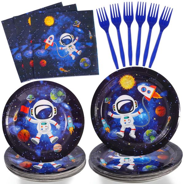 SCIONE 96 Pcs Outer Space Party Decorations Galaxy Party Tableware Set, Solar System Paper Party Plates Napkins Forks for 24 Guests, Kids Party Favors Space Themed Birthday Party Supplies