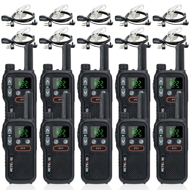 Retevis RB18 Walkie Talkies Rechargeable with Earpieces, NOAA Flashlight VOX, Long Range Two Way Radio Adults, 2 Way Radio for Hunting, Security, Camping (10 Pack)