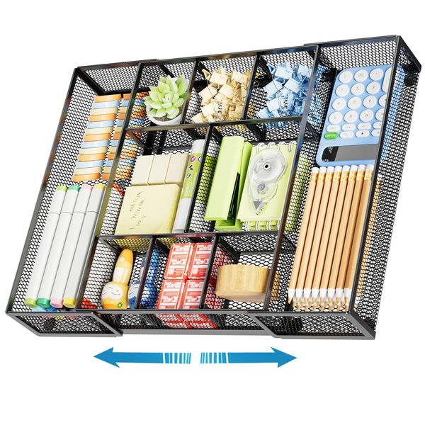 Marbrasse Expandable Desk Drawer Organizer, Mesh Drawer Organizer Tray with 10 Adjustable Compartments, Desk Organizers and Accessories, 5 Dividers Drawer for Office Supplies, Makeup & Vanity (Black)