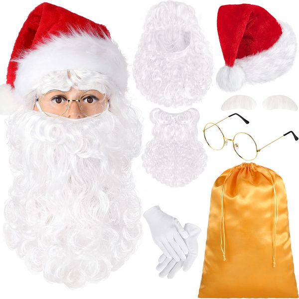 SATINIOR Christmas Santa Costume Set Include Christmas Santa Hat Santa Beard Wig with White Eyebrow White Winter Glove Santa Claus Glasses Santa Present Bag for Christmas Holiday Costume(Gold Bag), M