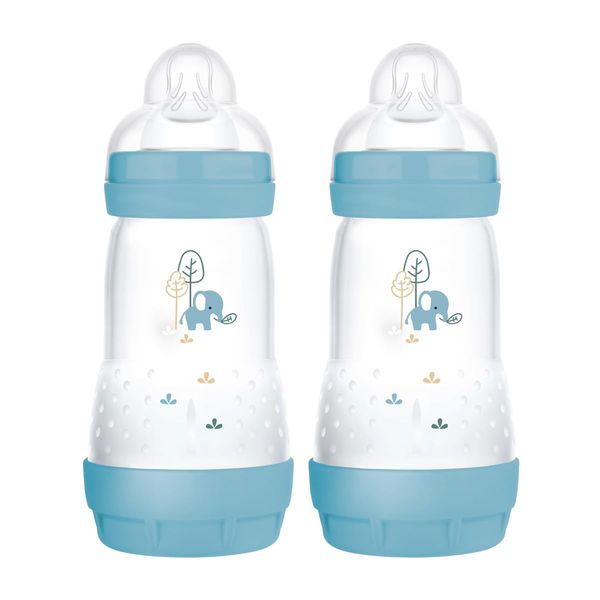 MAM Easy Start Self Sterilising Anti-Colic Baby Bottle Pack of 2 (2 x 260 ml), MAM Bottles with Medium Flow MAM Teats Size 2, Newborn Essentials, Blue (Designs May Vary)