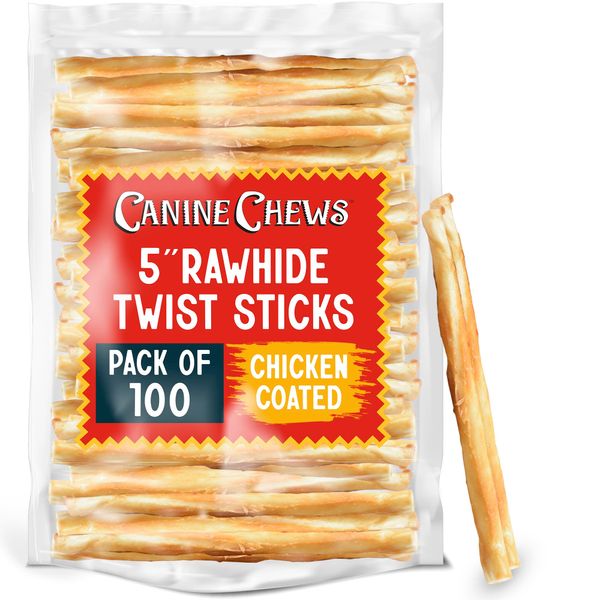 Canine Chews 5" Chicken Coated Sticks - Pack of 100 Chicken Wrapped Rawhide Dog Treats - 100% Real USA-Sourced Chicken Coating - Protein-Dense Chicken Wrapped Dog Treats Rawhide Chews