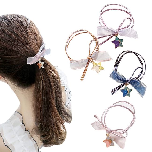 Hair Rubber Hair Rubber Ring Rubber Stylish Adult Children Hair Ornaments Hair Accessories Simple Rubber Band Hair Arrangement ins Popular, Cute, Stylish (Striped Style + Star Shape, D021-4 Piece Set)