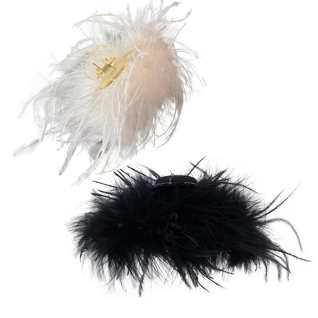 2Pcs Artificial Ostrich Feathers Hair Claw Clips Strong Hold Nonslip Hair Jaw Clips Barrettes Hairgrip Clamp Hair Styling Accessories for Girls Women Ladies, Black and White