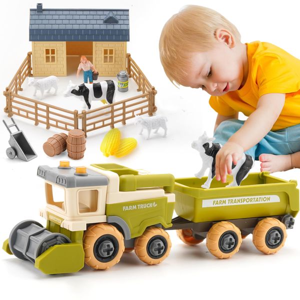 Eaciilee Toddler Toys Farm Animal Toys for 3 4 5 Year Old Boys Girls - Take Apart Vehicle Combine Harvester with Trailer for Kids, Educational Pretend Toy Playsets Birthday Easter Gifts