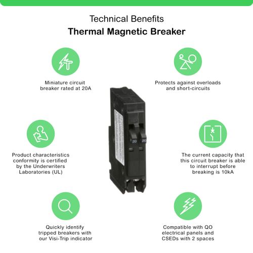 Square D - Tandem Mini Circuit Breaker, QO, 1 Pole at 20A, 120/240VAC, 10kA, Plug in Mount, Clam Pack - QO2020C