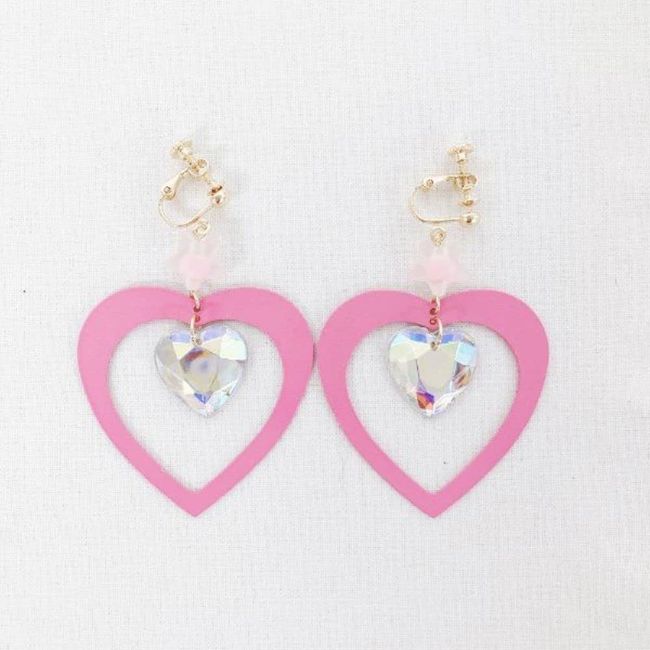 minacute Bling Double Heart Earrings Pink Q3251