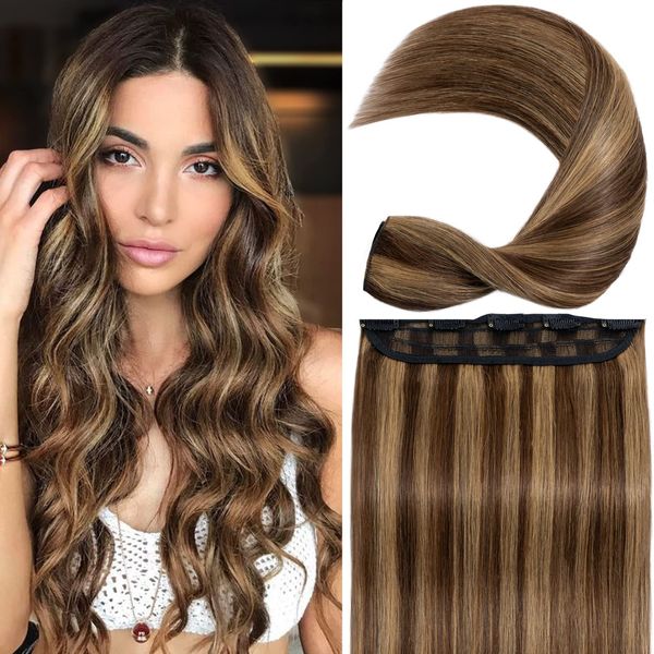 S-noilite Clip in Hair Extensions Human Hair Clip in Human Hair Balayage One Piece/5 Clips/3/4 Full Head Standard Weft Clip in Extensions 16"(40cm)-45g #4/27 Medium Brown/Dark Blonde