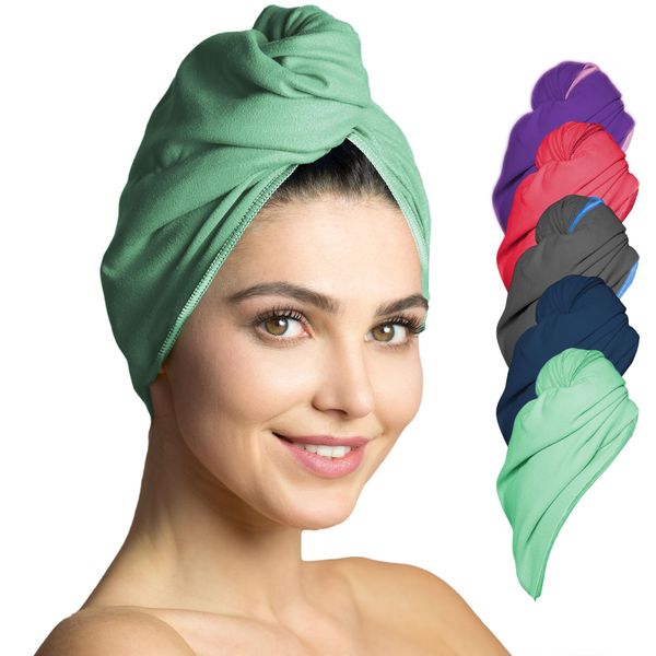 Fit-Flip Haarturban Mikrofaser - 2 Stück Haarhandtuch mit Knopf - schnelltrocknend und saugstark - Microfaser Kopf Turban - Haar Handtuch (Mint)