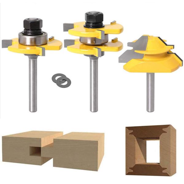 Lock Miter 45 Degree Joint Router Bits + 2Pcs Tongue and Groove Set [1/4-Inch], 45° Router Bit + Wood Milling Cutter Set 3 Teeth T Shape