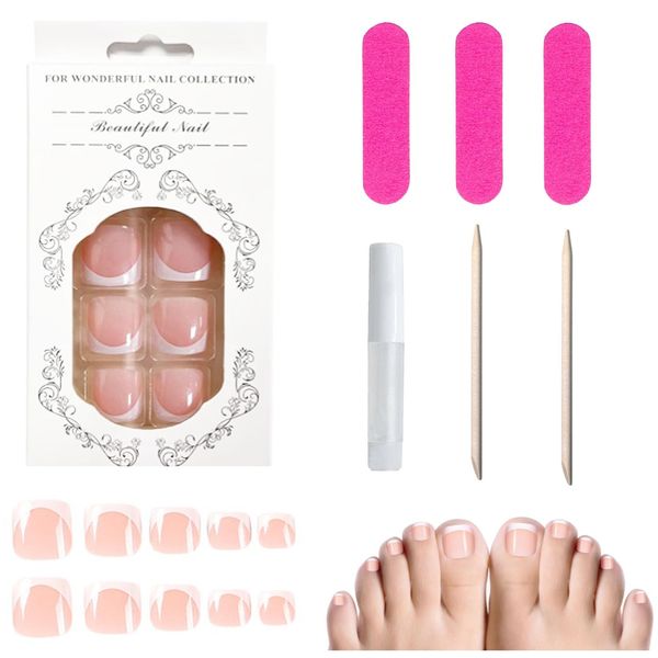 French False Toenails Tips, 24 Pieces Full Cover Short Fake Toe Nails, 12 Sizes Artificial Acrylic Toe Nails with Nail Glue, Stick on Toenails for Women Nail Decorations