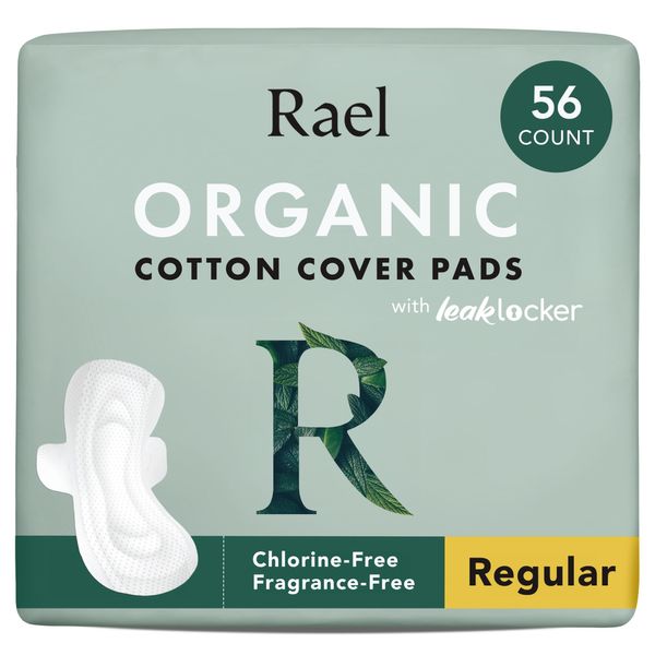 Rael Organic Cotton Cover Sanitary Towels - Regular Absorbency, Ultra Thin Period Pads with Wings for Women, Unscented, Hypoallergenic, Vegan, Bulk Buy (Regular, 56 Count)