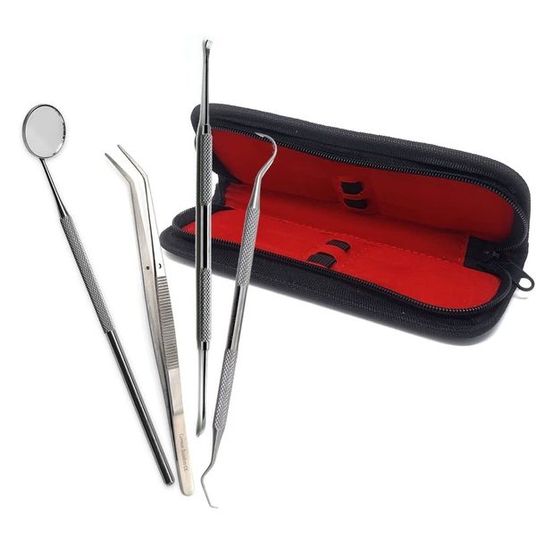 4 Pcs Dental Kit Scraper, Mirror, Serrated Tweezers, Double Ended Pick for Professional Teeth Cleaning Calculus Plaque Remover Made of Stainless Steel for Oral Care with Knurled Handle and Case
