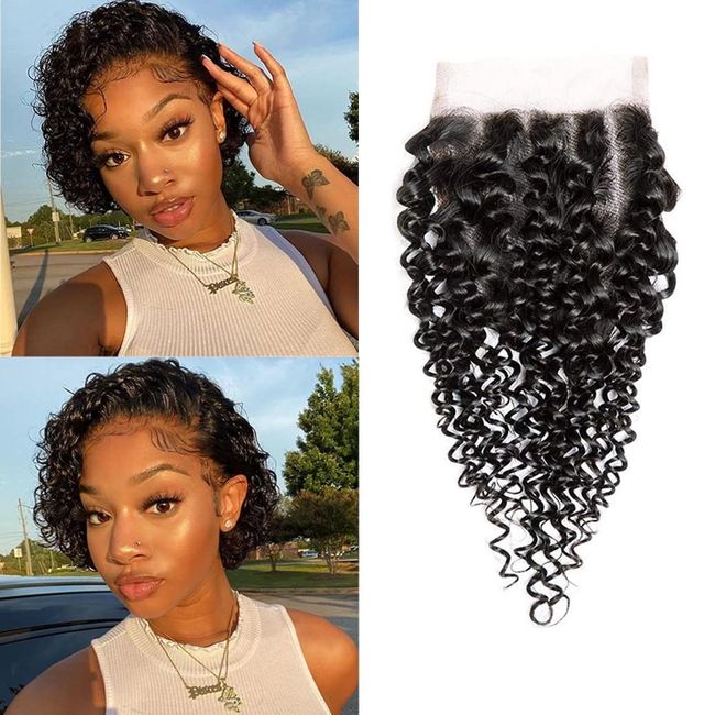 Kinky Curly Lace Closure Human Hair 8inch 4x4 Free Part Lace Closure, Natural Black Kinky Hair Brazilian Virgin Human Hair Swiss Lace Closure(8") …