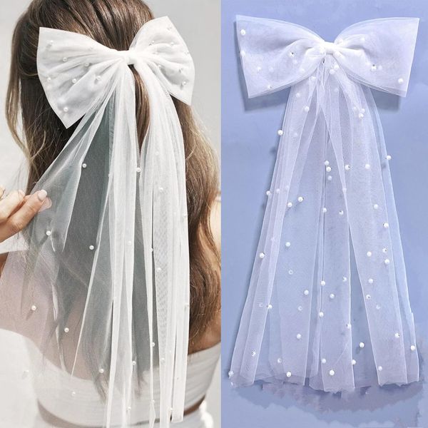 Bridal Hair Bow Wedding Veil with Pearls Bachelorette Party Accessories for Wedding Brides Valentine's Day Women Girls