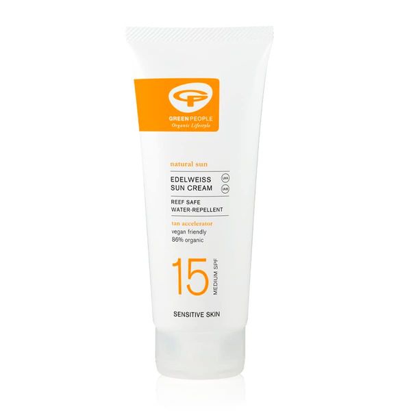 Green People Edelweiss Sun Cream SPF15 200ml | Natural, Organic Sunscreen with Tan Accelerator | Eczema Friendly, Sensitive Skin | Non Comedogenic, Non Greasy | Reef Safe, Cruelty Free | Face & Body