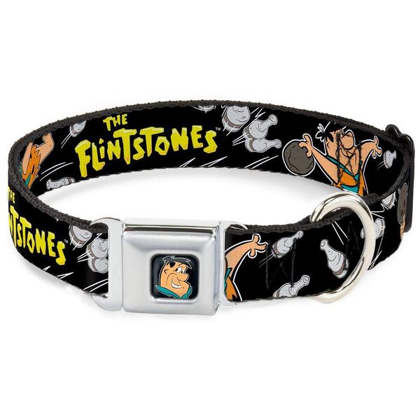 Buckle-Down Dog Collar Seatbelt Buckle The Flintstones Fred Bowling Poses Bowling Pins Black 15 to 26 Inches 1.0 Inch Wide