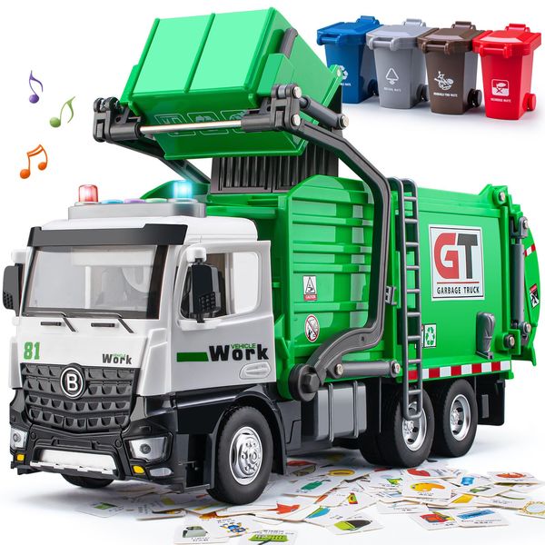 Garbage Truck Toys for Boys, 12" Big Trash Truck with Lights and Sounds, Friction Powered Waste Management Recycling Truck Toy Set with 4 Trash Cans and Sorting Cards, Gift for Kids (Garbage Truck)