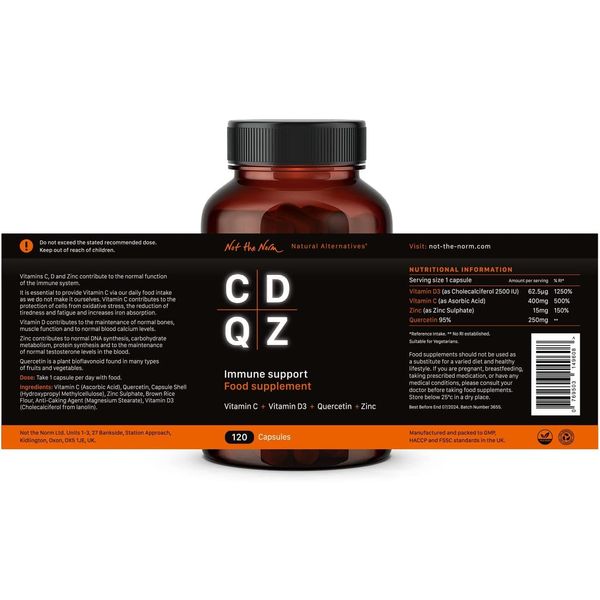 CDQZ - Quercetin, Zinc, Vitamin C, Vitamin D3 - Immune Support - 120 Capsules - Plastic-Free compostable Plant-Based Packaging